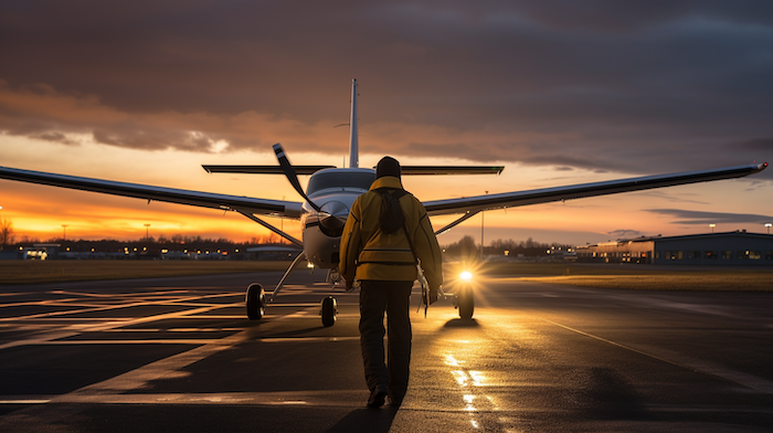 A student pilot walking towards a cessna ready to take off on a runway