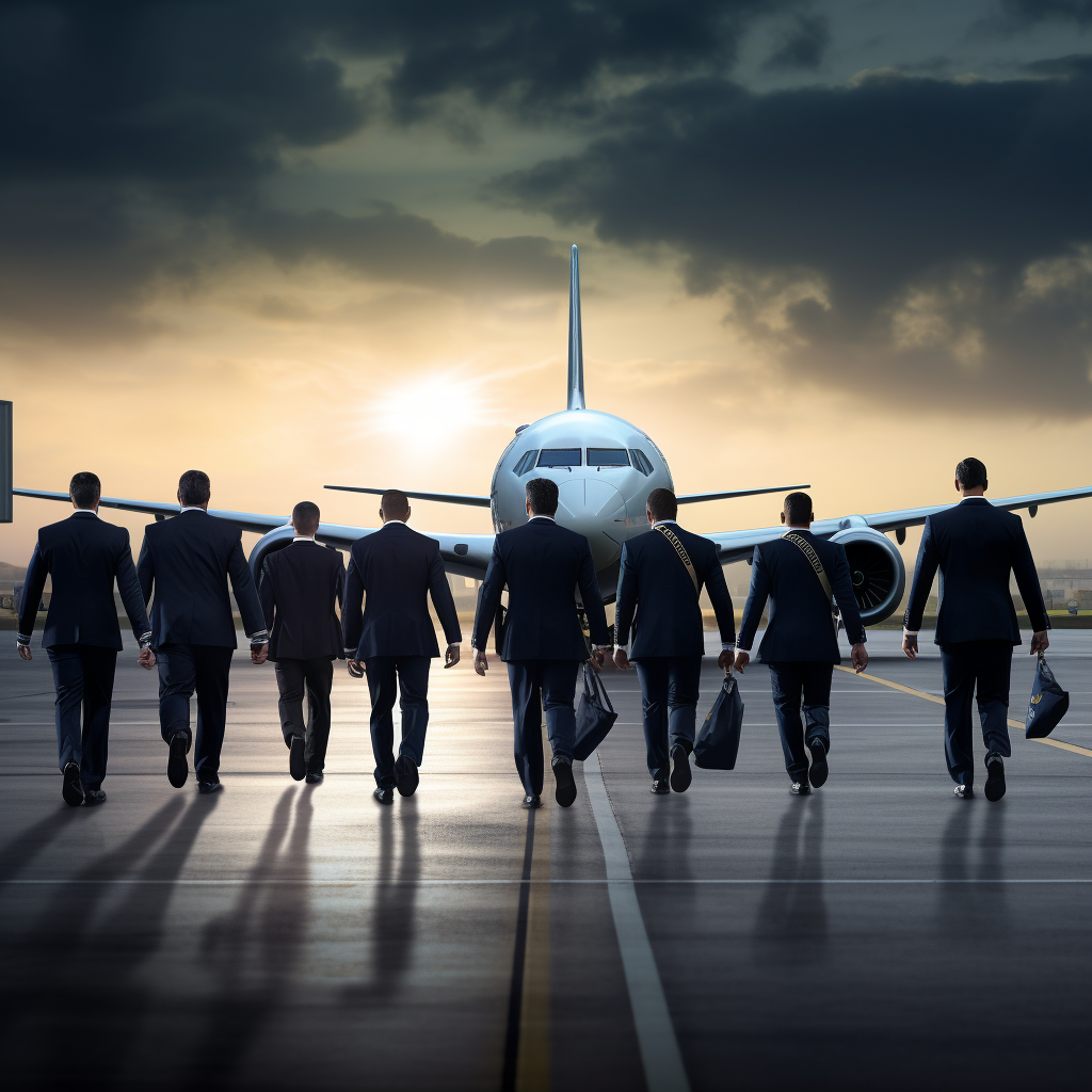 Ten airline pilots walking towards a new plane