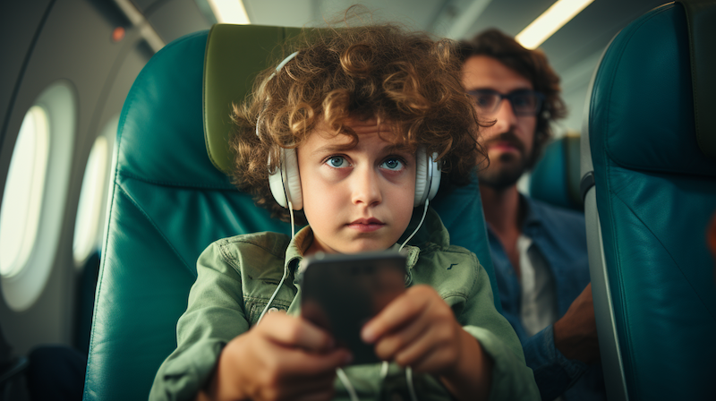 Kid using cellphone on a flight